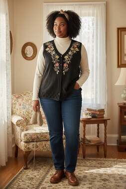 Vintage Two Twenty Black Floral Embroidered Button Up Sweater Vest